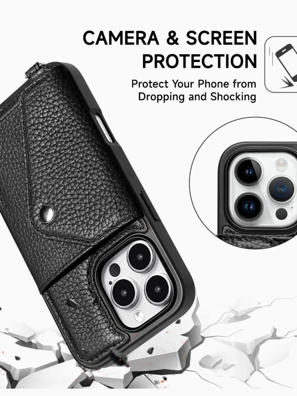 iPhone 16 Pro Leather Crossbody Phone Case with Card Pocket - Black